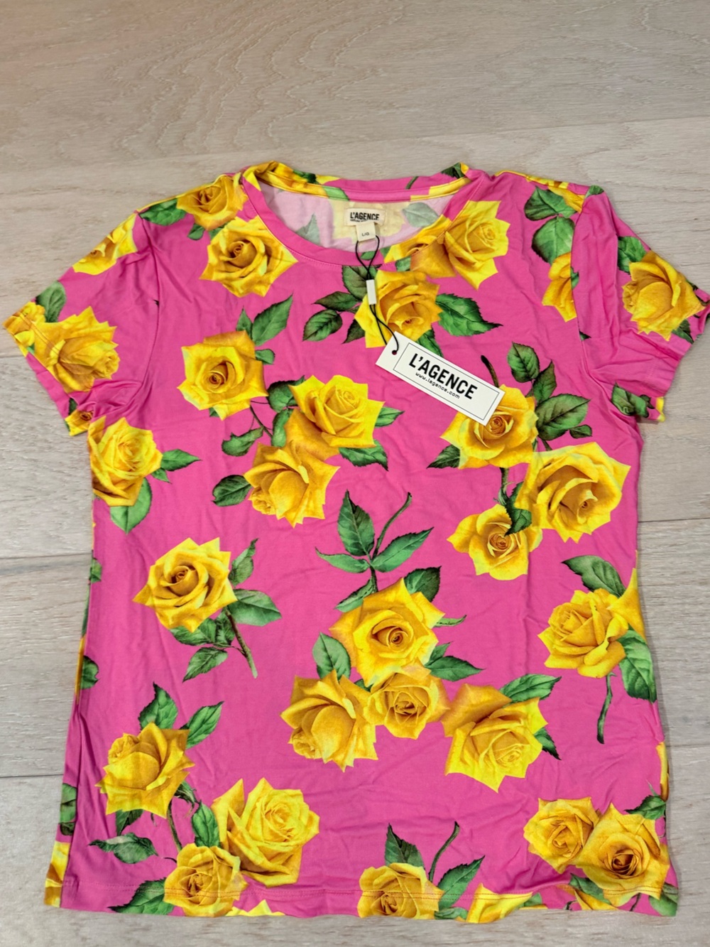 NWT L'AGENCE Pink Floral Tee with Yellow Rose Print